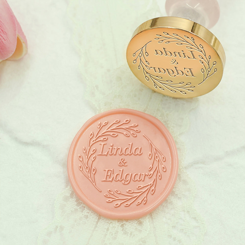 Bud Wreath Wedding Custom Wax Seal Stamp with Couple's Names-1